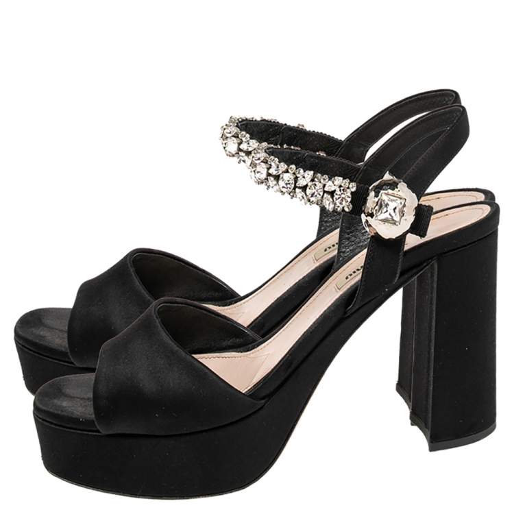 Pre Owned Miu Miu Black Satin Crystal Embellished Ankle Strap Platform Block Heel Sandals Size 39.5