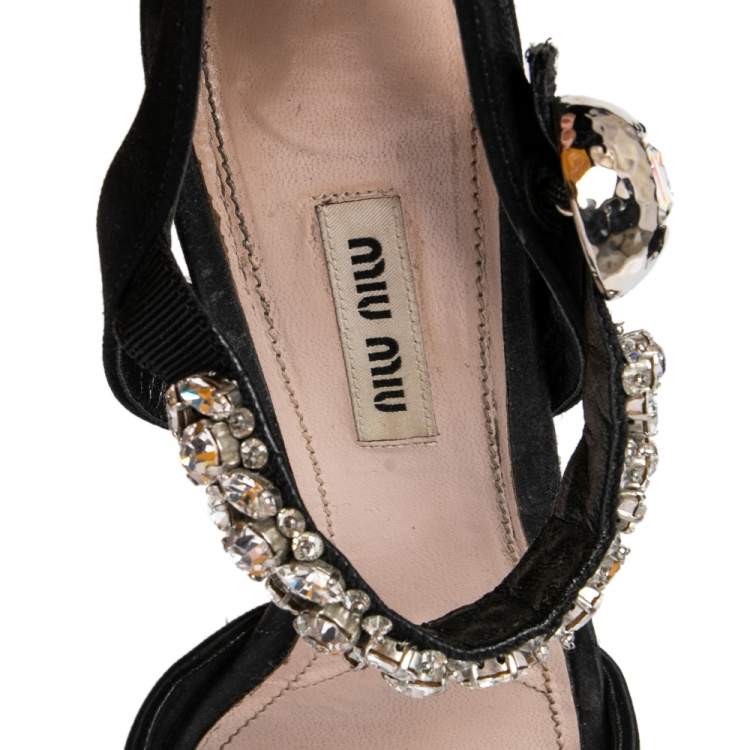 Pre Owned Miu Miu Black Satin Crystal Embellished Ankle Strap Platform Block Heel Sandals Size 39.5
