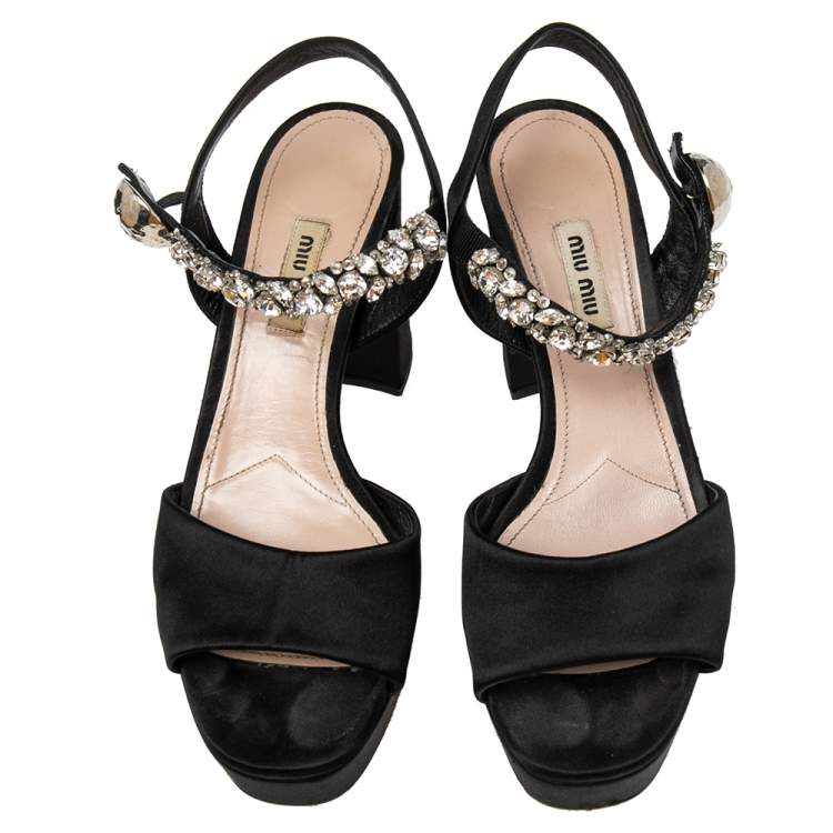 Pre Owned Miu Miu Black Satin Crystal Embellished Ankle Strap Platform Block Heel Sandals Size 39.5