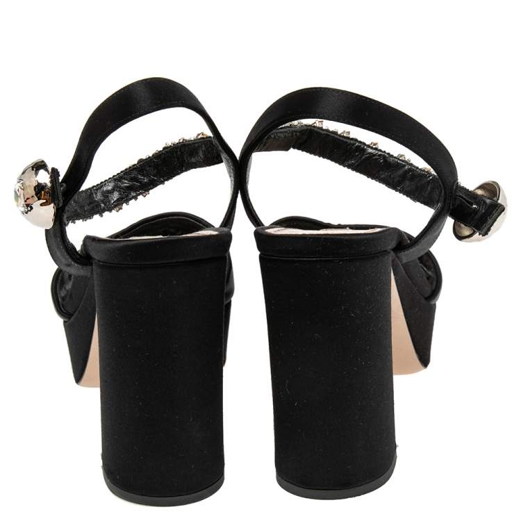 Pre Owned Miu Miu Black Satin Crystal Embellished Ankle Strap Platform Block Heel Sandals Size 39.5