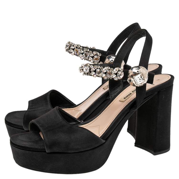 Pre Owned Miu Miu Black Suede Crystal Embellished Heel Ankle Strap Platform Sandals Size 39.5