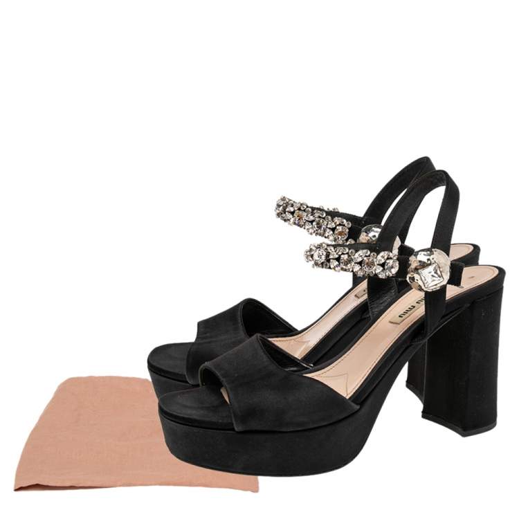 Pre Owned Miu Miu Black Suede Crystal Embellished Heel Ankle Strap Platform Sandals Size 39.5