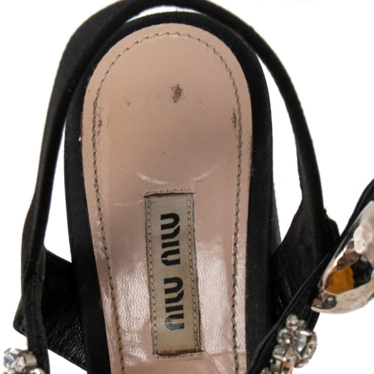 Pre Owned Miu Miu Black Suede Crystal Embellished Heel Ankle Strap Platform Sandals Size 39.5