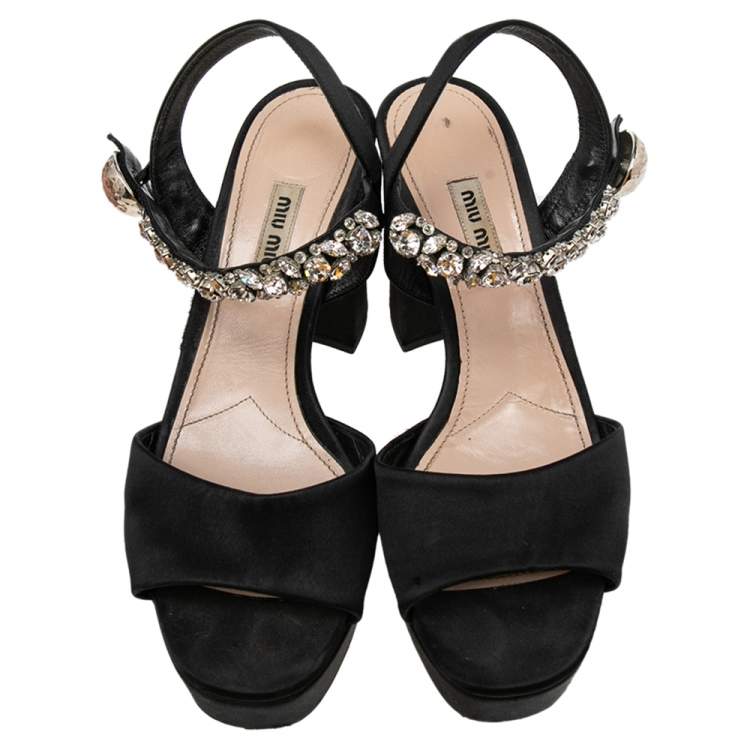 Pre Owned Miu Miu Black Suede Crystal Embellished Heel Ankle Strap Platform Sandals Size 39.5