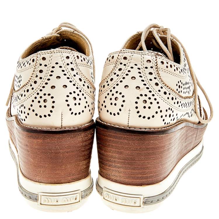 Pre Owned Miu Miu Beige Brogue Leather Oxford Platform Sneakers Size 39