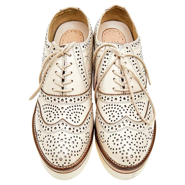 Pre Owned Miu Miu Beige Brogue Leather Oxford Platform Sneakers Size 39