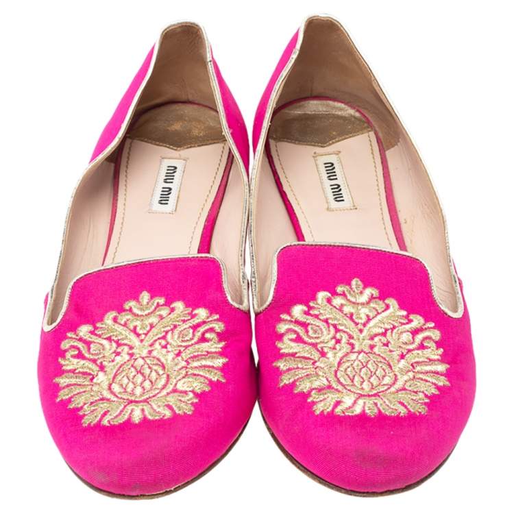 Pre Owned Miu Miu Pink Fabric Crystal Embellished Heel Ballet Flats Size 41