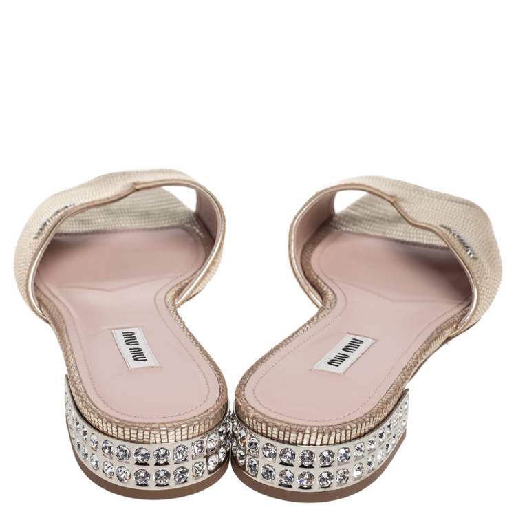 Pre Owned Miu Miu Gold Lizard  Embossed Leather Slide Sandals Size 39.5