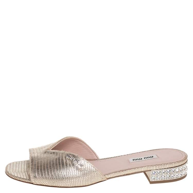 Pre Owned Miu Miu Gold Lizard  Embossed Leather Slide Sandals Size 39.5