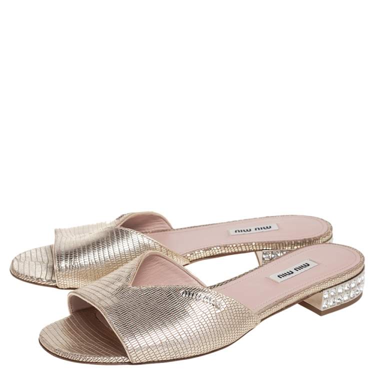 Pre Owned Miu Miu Gold Lizard  Embossed Leather Slide Sandals Size 39.5