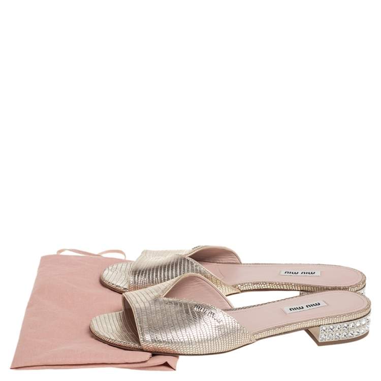 Pre Owned Miu Miu Gold Lizard  Embossed Leather Slide Sandals Size 39.5
