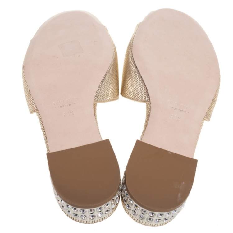 Pre Owned Miu Miu Gold Lizard  Embossed Leather Slide Sandals Size 39.5