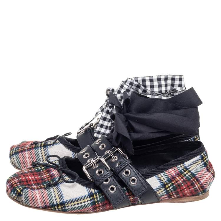 Pre Owned Miu Miu Multiolor Fabric Double Buckle Naplak Ballet Flats Size 38