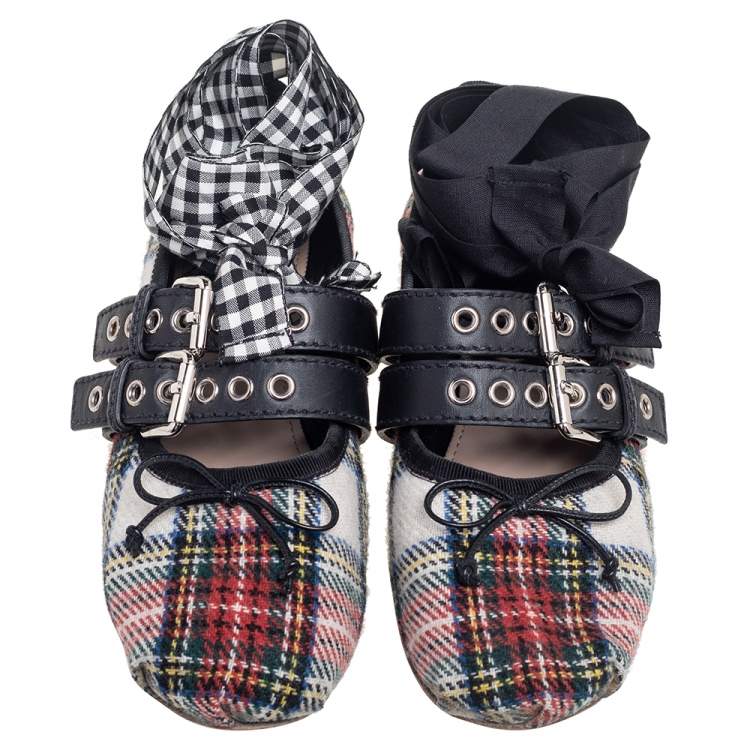 Pre Owned Miu Miu Multiolor Fabric Double Buckle Naplak Ballet Flats Size 38
