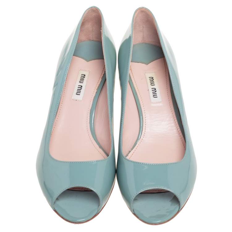 Pre Owned Miu Miu Blue Patent Leather Peep Toe Embellished Block Heel Pumps Size 37.5