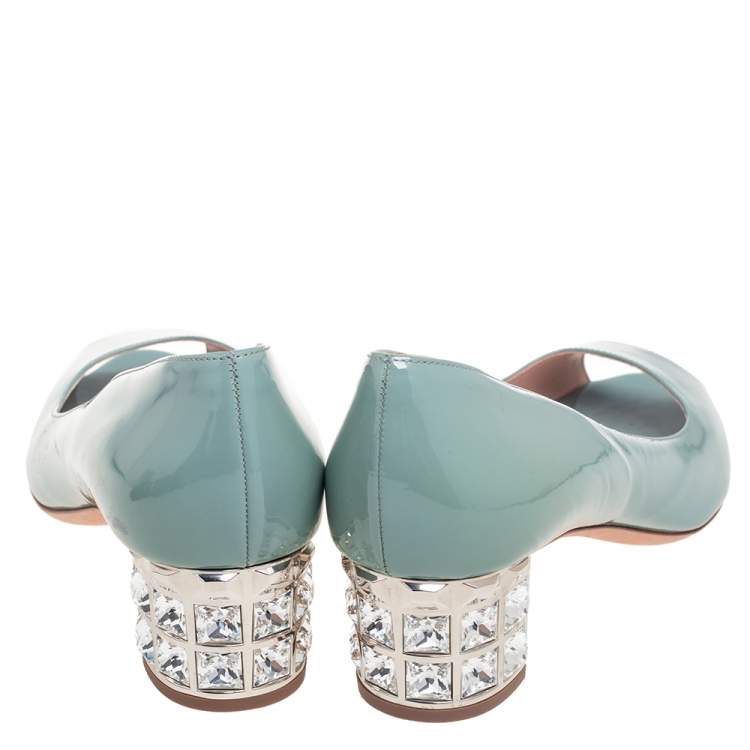 Pre Owned Miu Miu Blue Patent Leather Peep Toe Embellished Block Heel Pumps Size 37.5