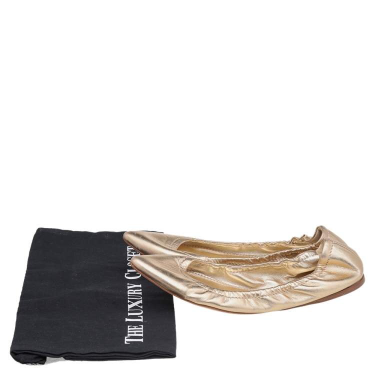 Pre Owned Miu Miu Gold Leather Pointed Toe Scrunch Ballet Flats Size 37