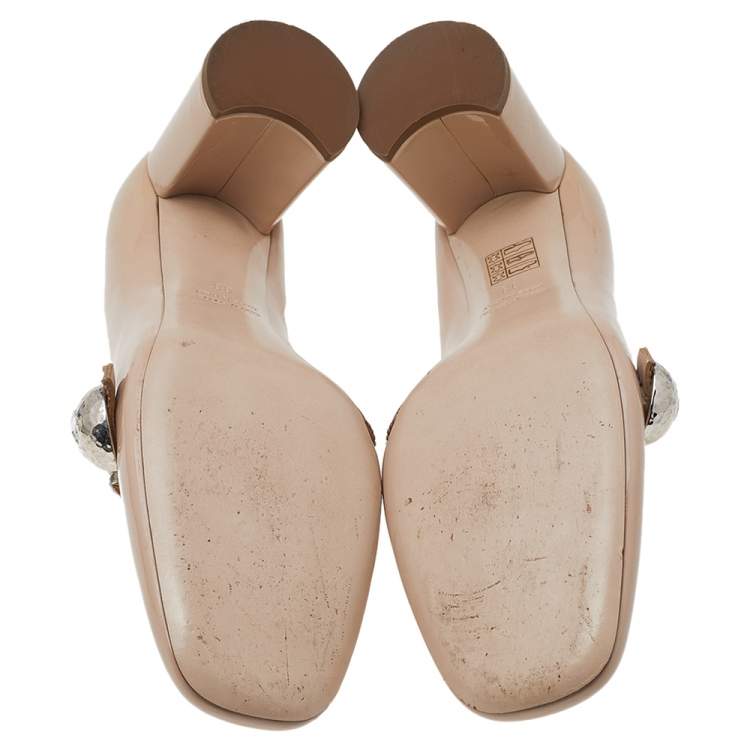 Pre Owned Miu Miu Beige Patent Leather Crystal Embellished Block Heel Pumps Size 38