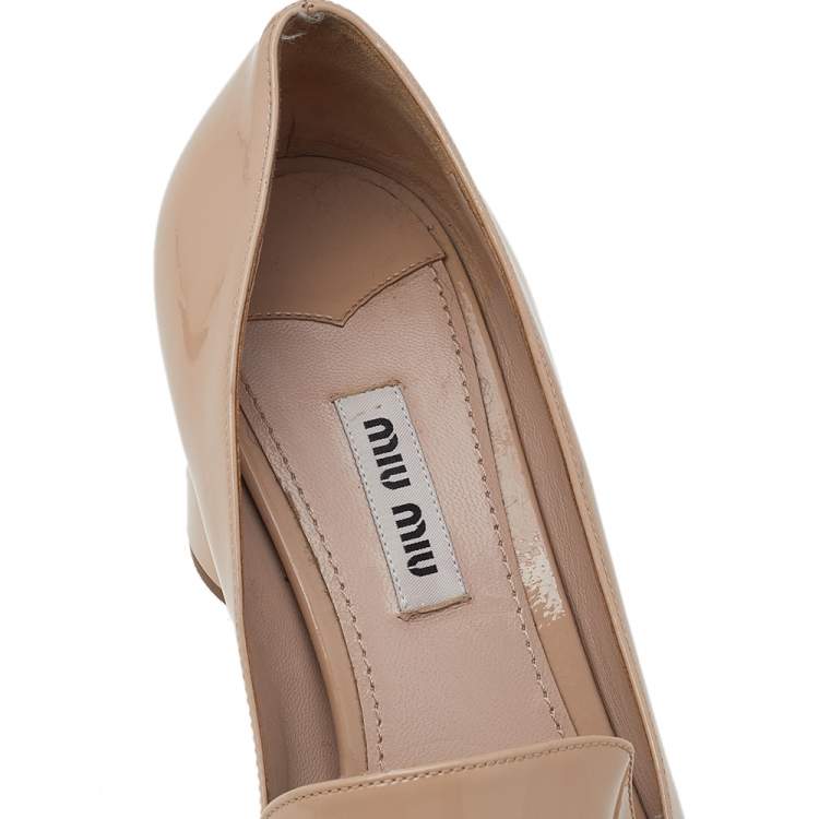 Pre Owned Miu Miu Beige Patent Leather Crystal Embellished Block Heel Pumps Size 38