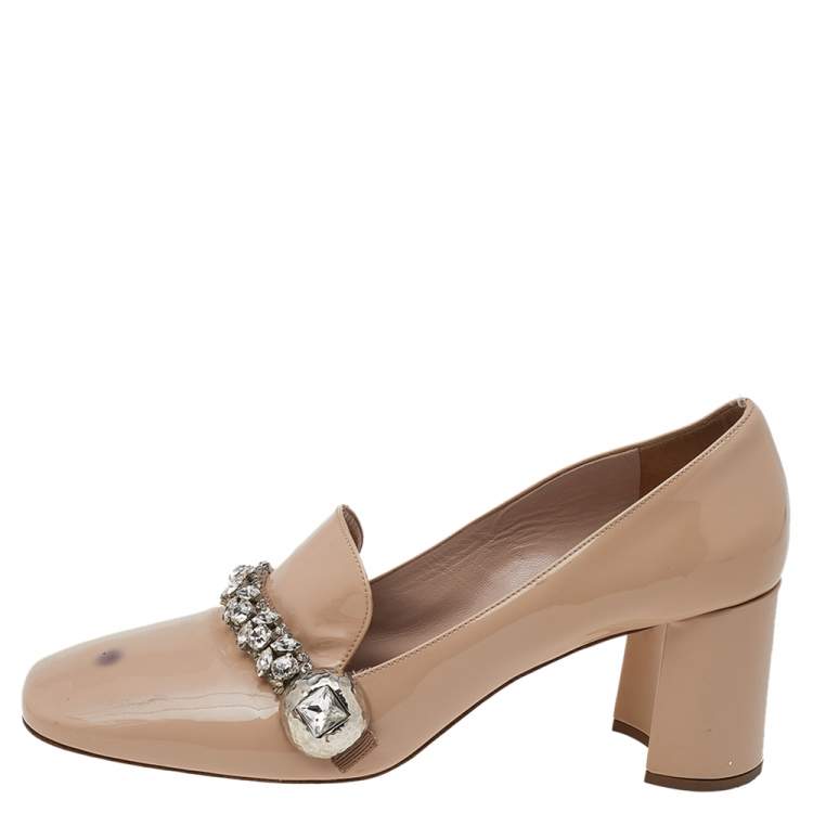 Pre Owned Miu Miu Beige Patent Leather Crystal Embellished Block Heel Pumps Size 38