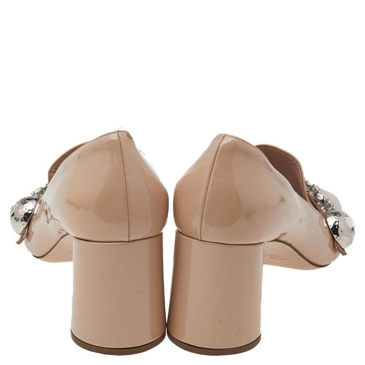 Pre Owned Miu Miu Beige Patent Leather Crystal Embellished Block Heel Pumps Size 38