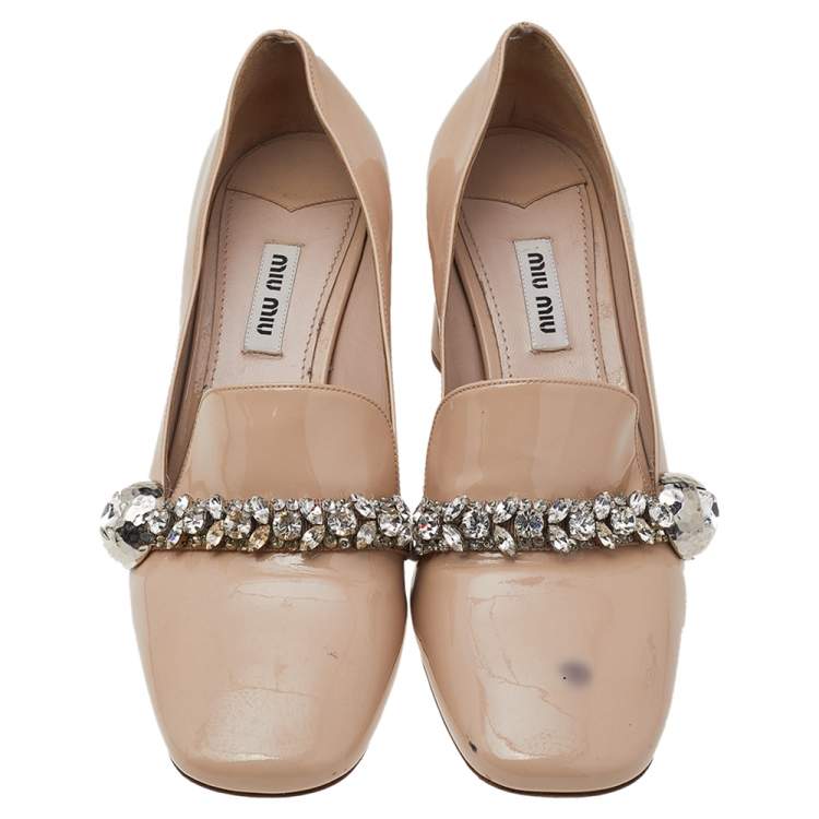 Pre Owned Miu Miu Beige Patent Leather Crystal Embellished Block Heel Pumps Size 38