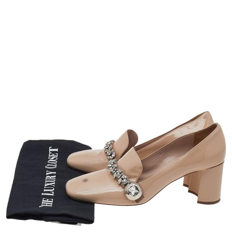 Pre Owned Miu Miu Beige Patent Leather Crystal Embellished Block Heel Pumps Size 38