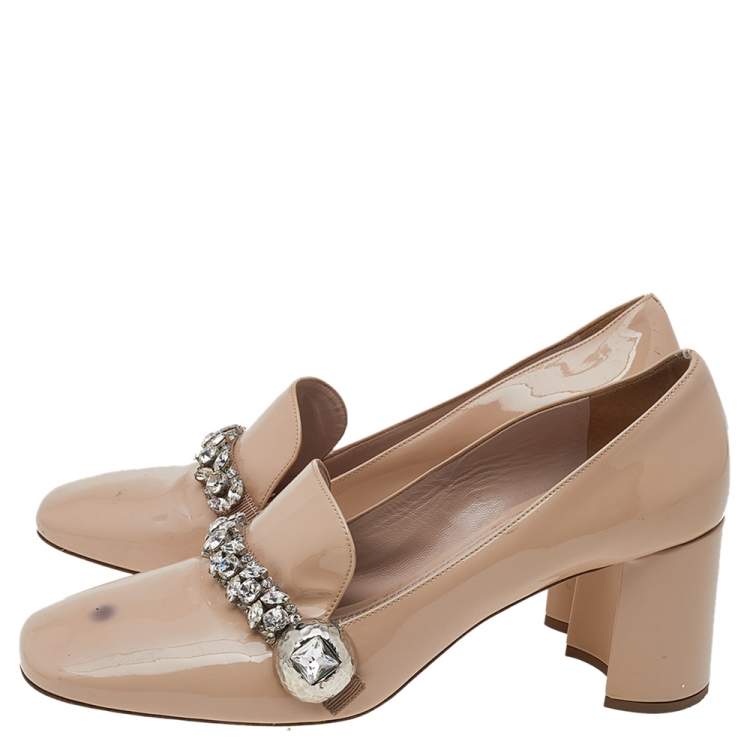 Pre Owned Miu Miu Beige Patent Leather Crystal Embellished Block Heel Pumps Size 38