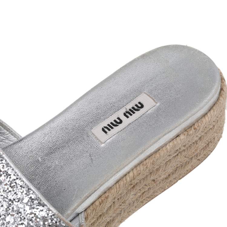 Pre Owned Miu Miu Silver Glitter Espadrille Platform Slide Sandals Size 41.5