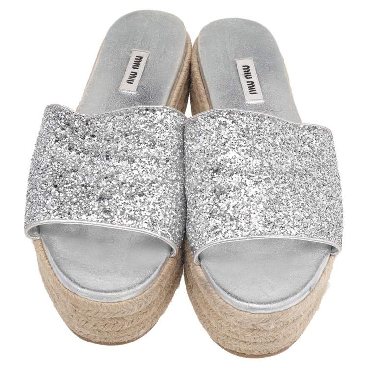 Pre Owned Miu Miu Silver Glitter Espadrille Platform Slide Sandals Size 41.5