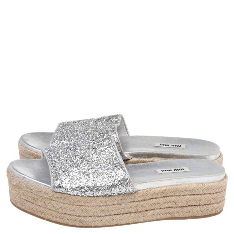 Pre Owned Miu Miu Silver Glitter Espadrille Platform Slide Sandals Size 41.5