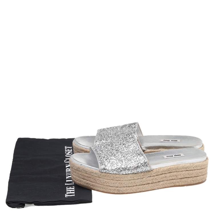 Pre Owned Miu Miu Silver Glitter Espadrille Platform Slide Sandals Size 41.5