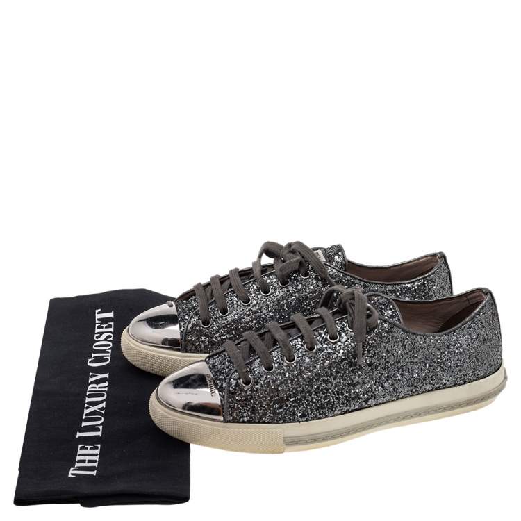 Pre Owned Miu Miu Metallic Grey Glitter And Metal Cap Toe Low Top Sneakers Size 39