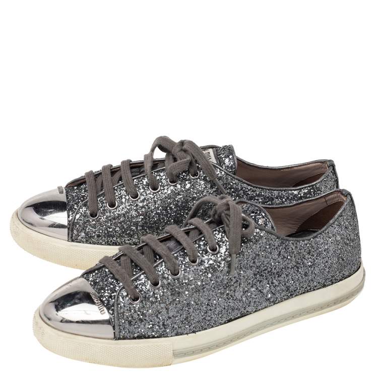 Pre Owned Miu Miu Metallic Grey Glitter And Metal Cap Toe Low Top Sneakers Size 39
