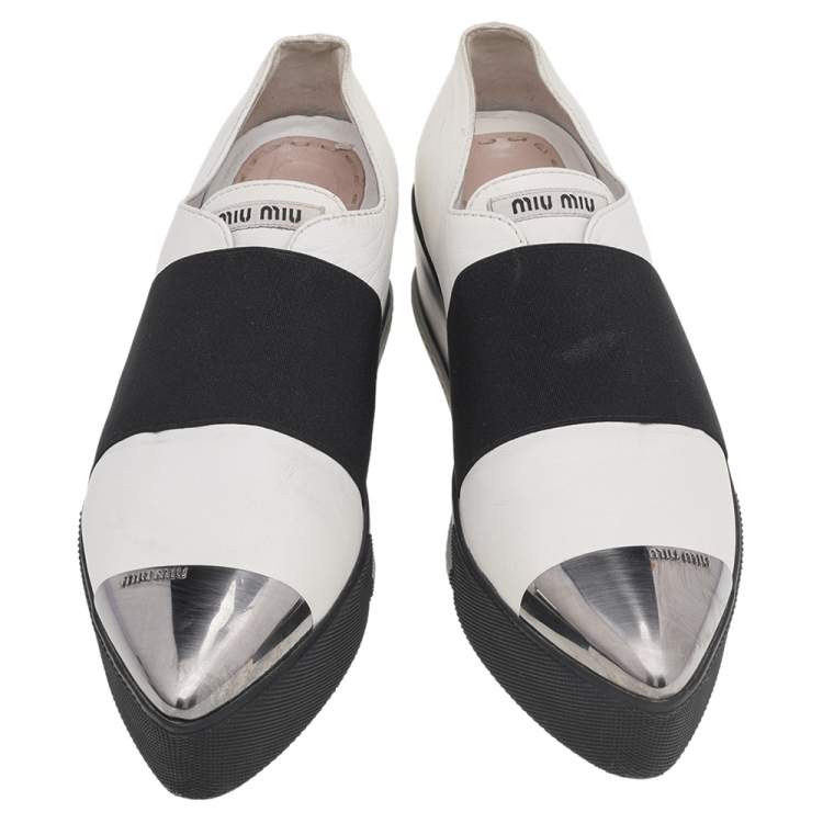 Pre Owned Miu Miu White Leather Metal Cap Toe Platform Slip On Sneakers Size 37