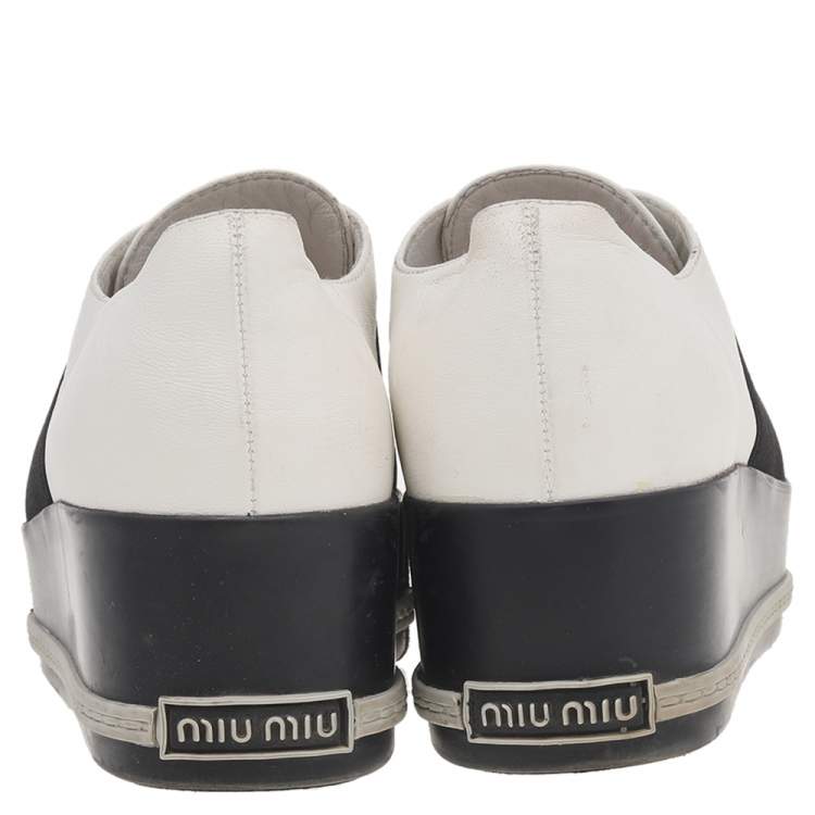 Pre Owned Miu Miu White Leather Metal Cap Toe Platform Slip On Sneakers Size 37