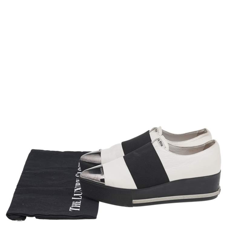 Pre Owned Miu Miu White Leather Metal Cap Toe Platform Slip On Sneakers Size 37