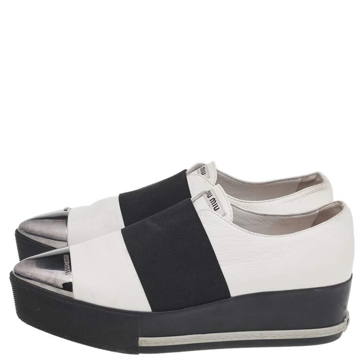 Pre Owned Miu Miu White Leather Metal Cap Toe Platform Slip On Sneakers Size 37