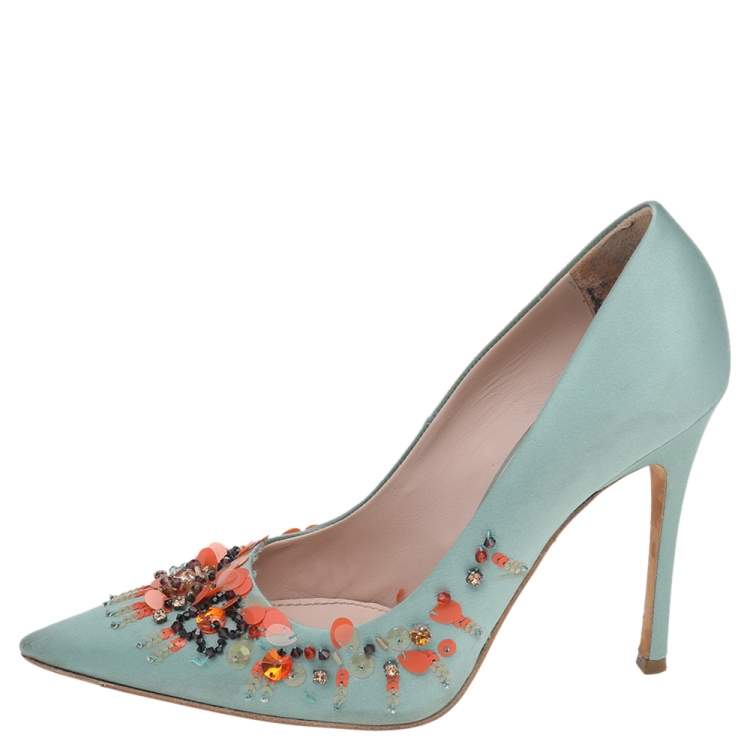 Miu Miu Green Satin Embellished Pointed Toe Pumps Size 38.5