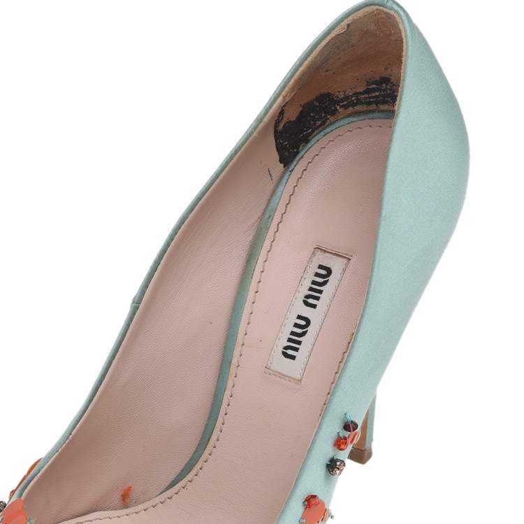 Miu Miu Green Satin Embellished Pointed Toe Pumps Size 38.5