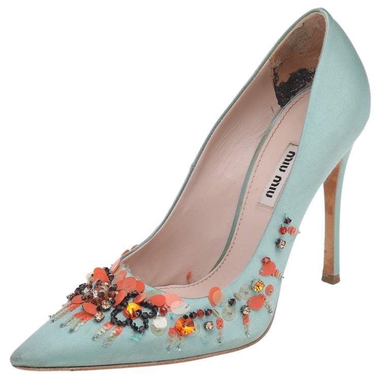 Miu Miu Green Satin Embellished Pointed Toe Pumps Size 38.5