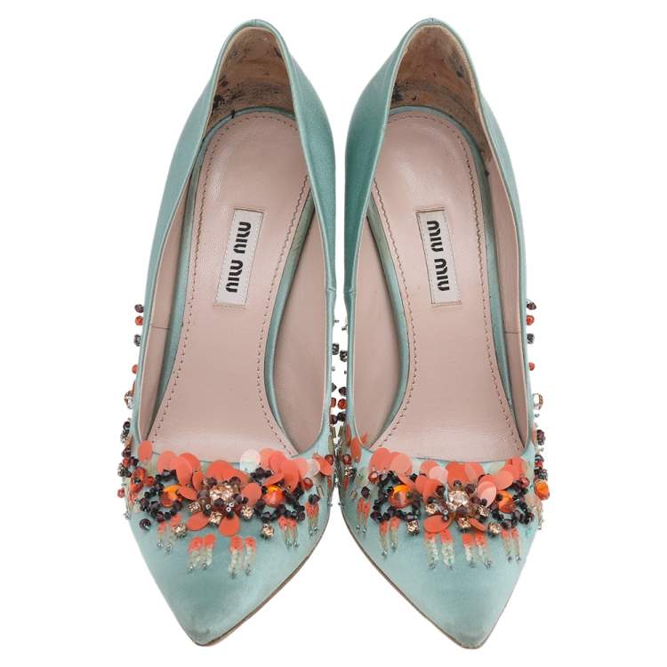 Miu Miu Green Satin Embellished Pointed Toe Pumps Size 38.5