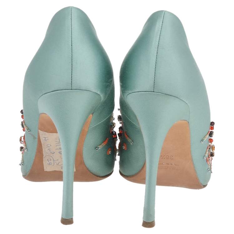 Miu Miu Green Satin Embellished Pointed Toe Pumps Size 38.5