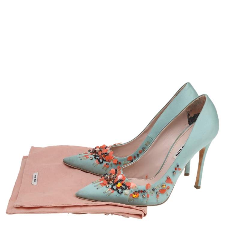 Miu Miu Green Satin Embellished Pointed Toe Pumps Size 38.5