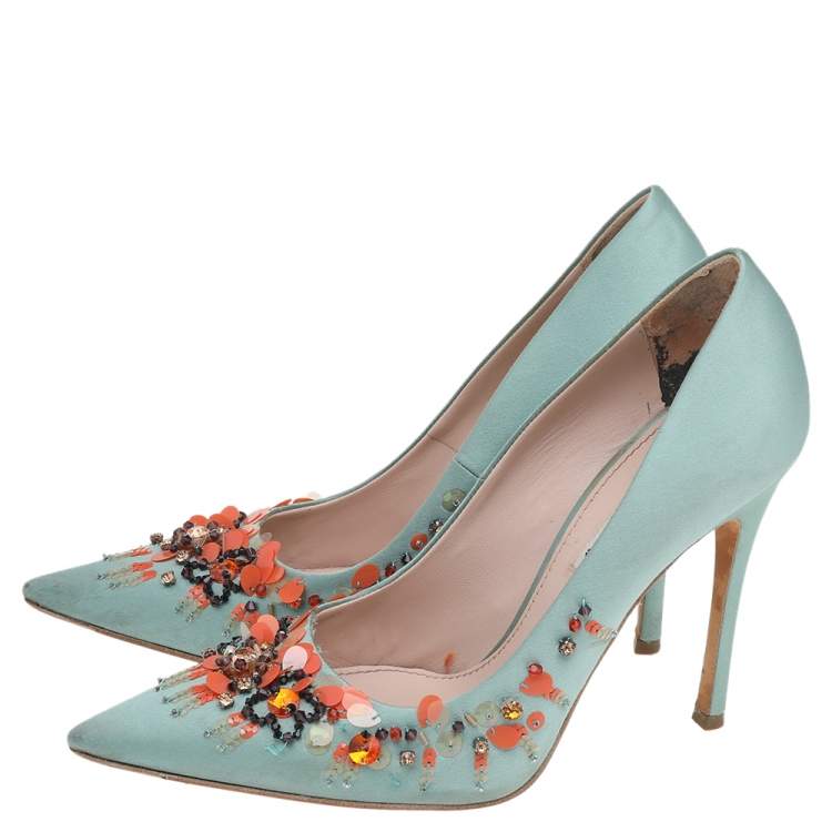 Miu Miu Green Satin Embellished Pointed Toe Pumps Size 38.5