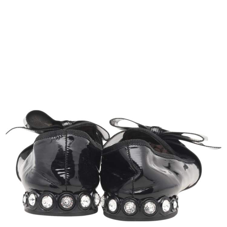Pre Owned Miu Miu Black Patent Leather Bow Crystal Embellished Smoking Slippers Size 39 