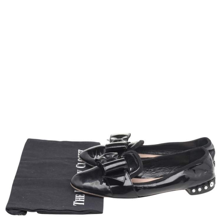 Pre Owned Miu Miu Black Patent Leather Bow Crystal Embellished Smoking Slippers Size 39 