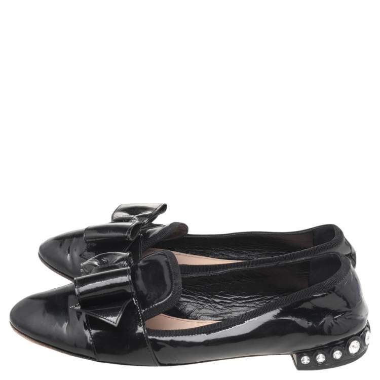Pre Owned Miu Miu Black Patent Leather Bow Crystal Embellished Smoking Slippers Size 39 