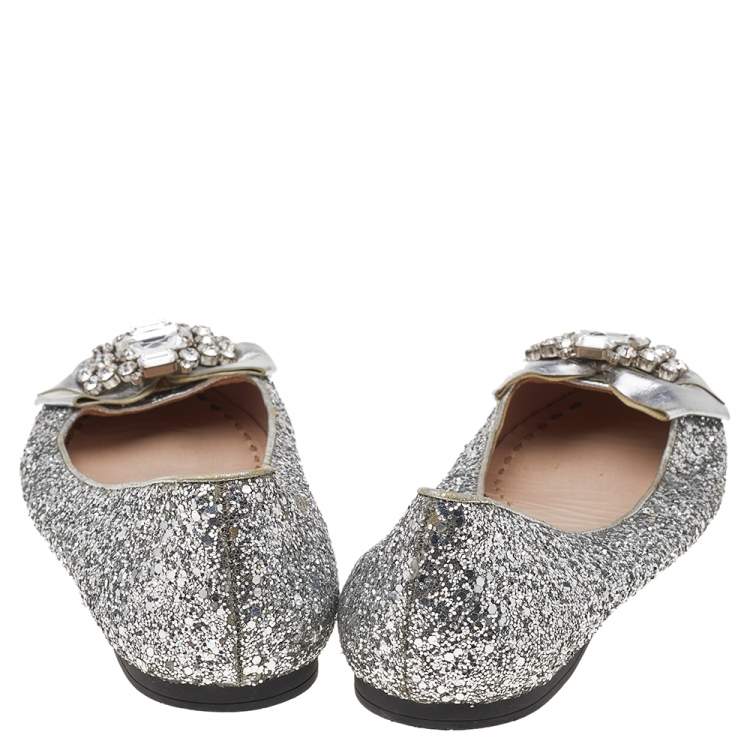 Pre Owned Miu Miu Silver Glitter And Leather Bow Embellished Ballet Flats Size 41