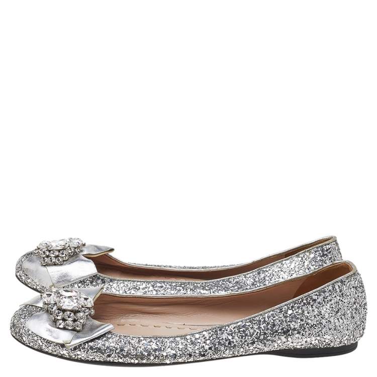 Pre Owned Miu Miu Silver Glitter And Leather Bow Embellished Ballet Flats Size 41
